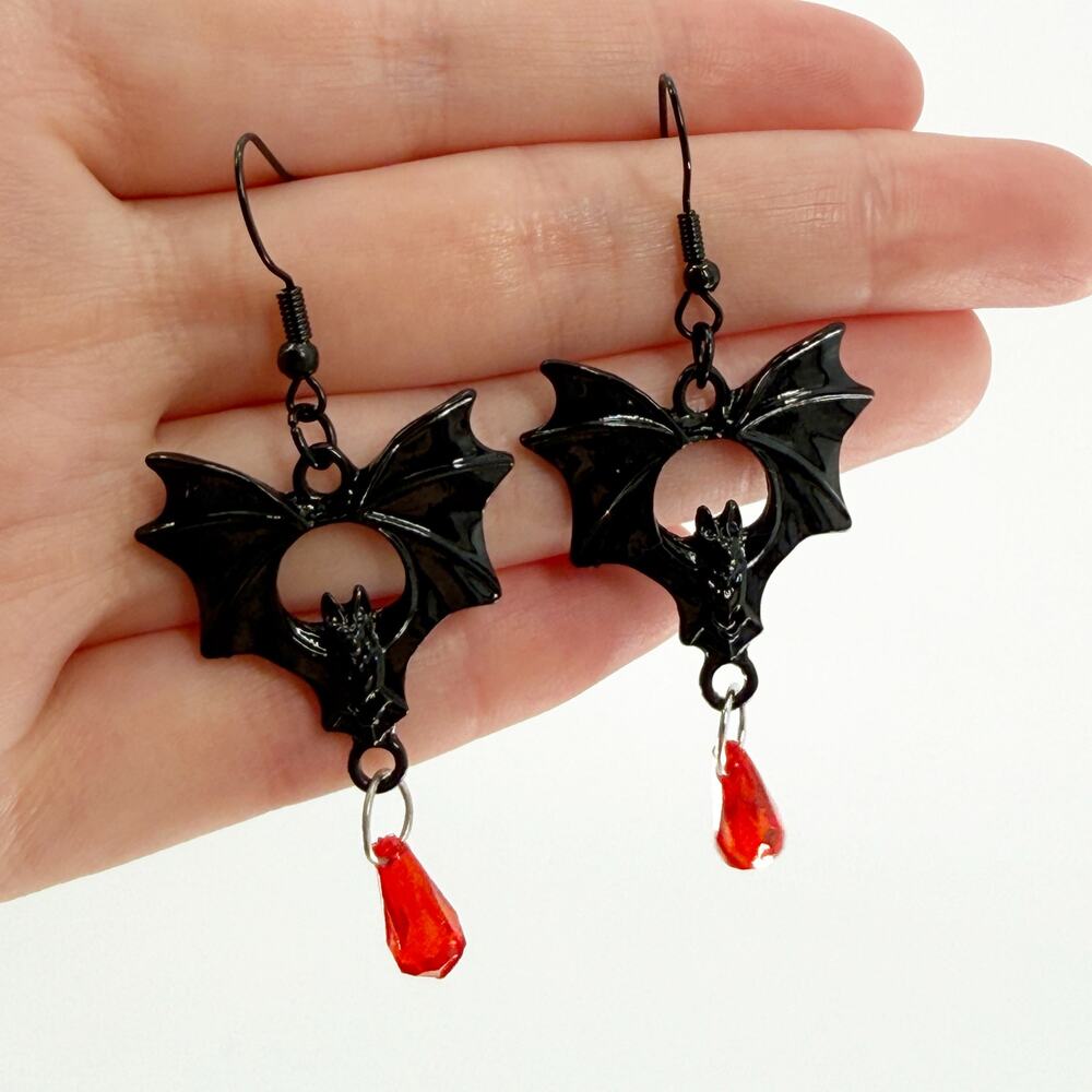 Black Bat with Red Gem Dangle Earrings, Vampire Earrings